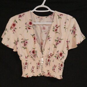 Unbranded | 13 inch pit to pit | Floral Cropped Button-Up Top with Smocked Waist